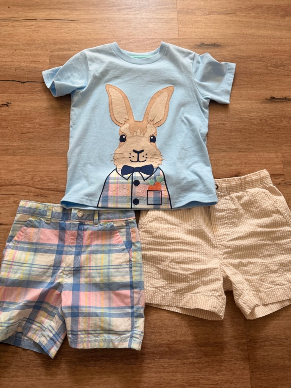 Boys Blue Bunny Top with Pastel Shorts and tan and white pinstripe pants Set